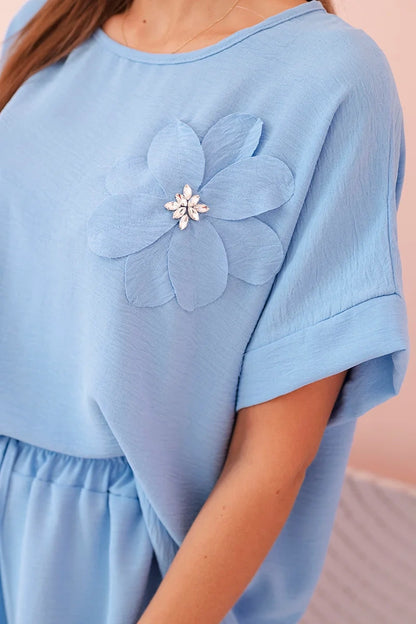 Дамски комплект от вискоза с декоративно цвете и широк панталон ART0109