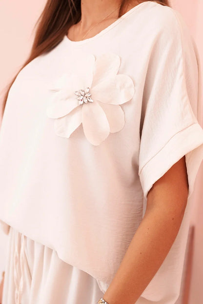 Дамски комплект от вискоза с декоративно цвете и широк панталон ART0109