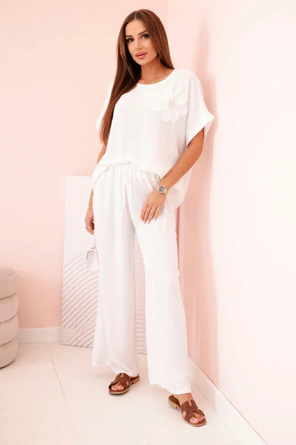 Дамски комплект от вискоза с декоративно цвете и широк панталон ART0109