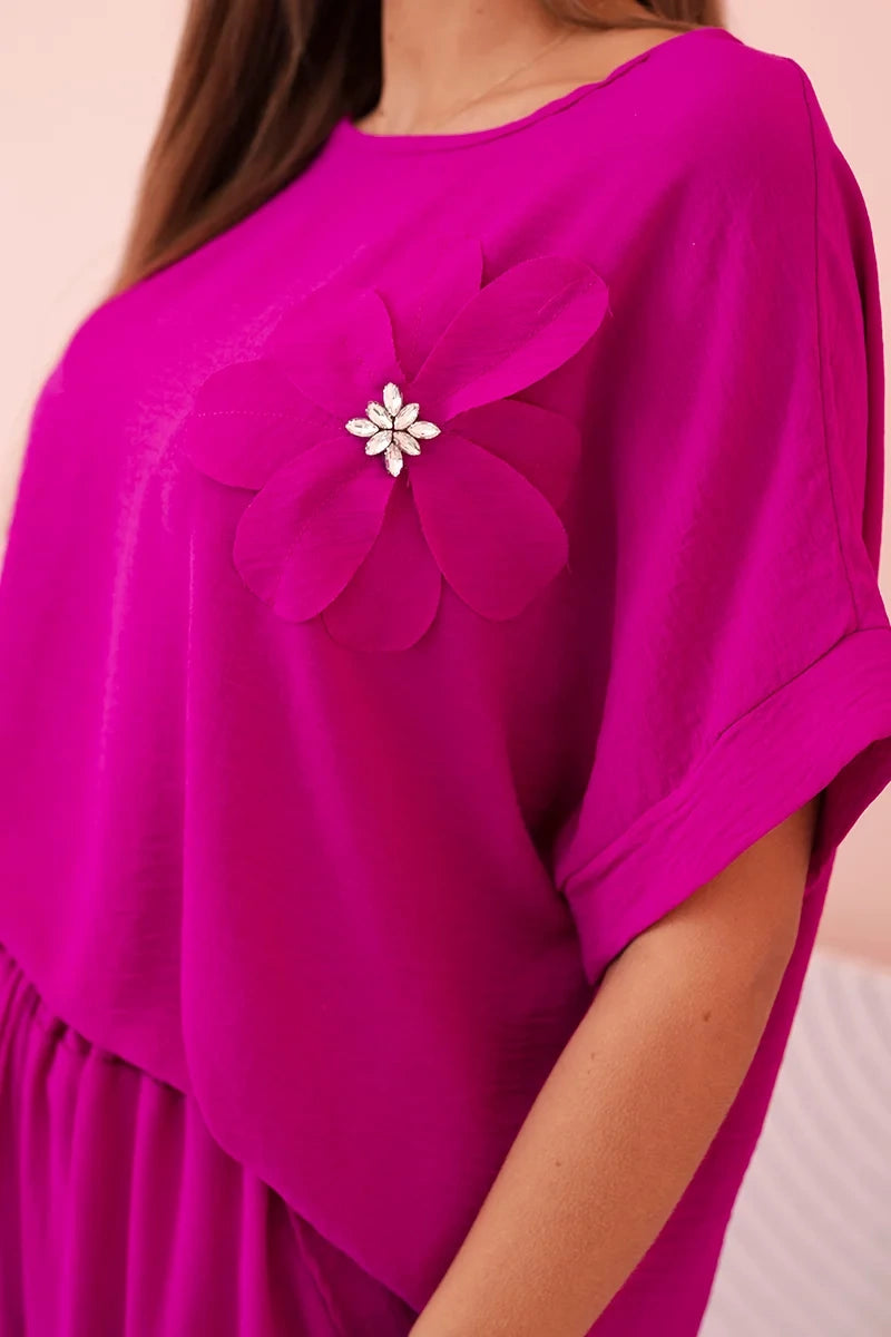 Дамски комплект от вискоза с декоративно цвете и широк панталон ART0109