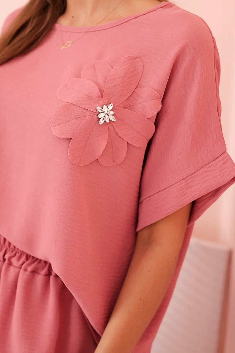 Дамски комплект от вискоза с декоративно цвете и широк панталон ART0109