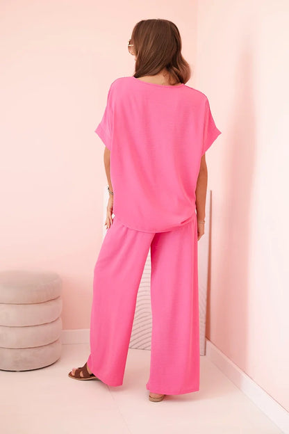 Дамски комплект от вискоза с декоративно цвете и широк панталон ART0109