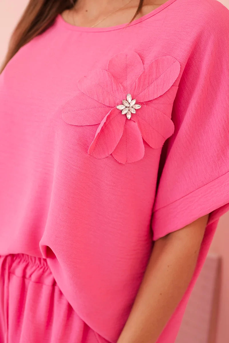 Дамски комплект от вискоза с декоративно цвете и широк панталон ART0109