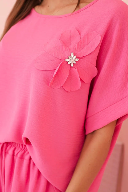 Дамски комплект от вискоза с декоративно цвете и широк панталон ART0109