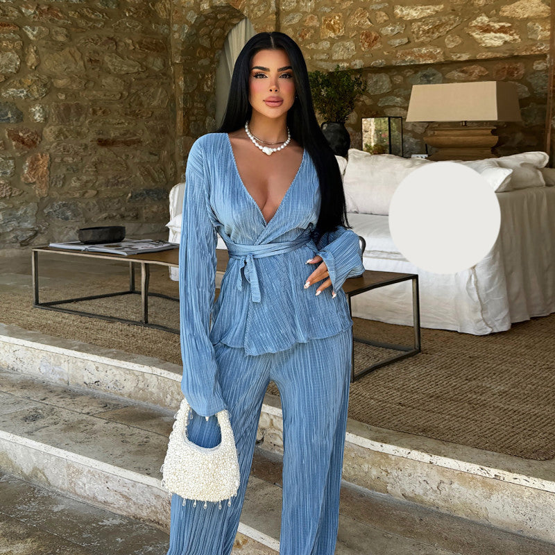 Плисиран летен комплект от блуза и панталон EO-1148