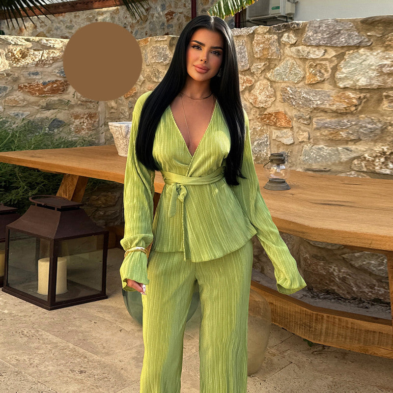 Плисиран летен комплект от блуза и панталон EO-1148