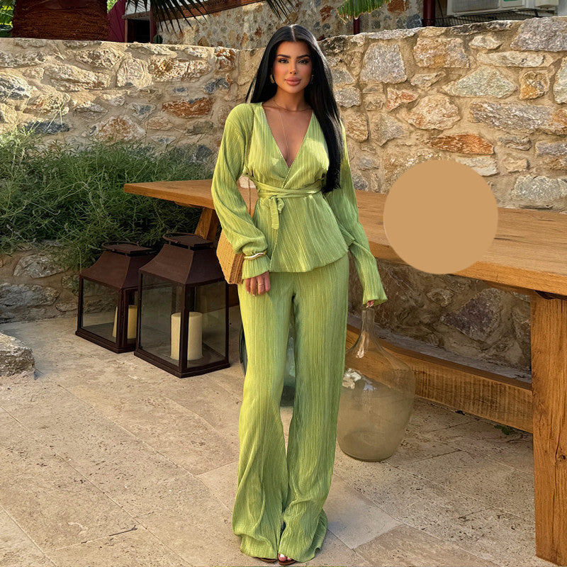 Плисиран летен комплект от блуза и панталон EO-1148