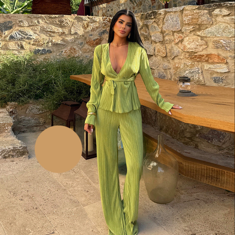 Плисиран летен комплект от блуза и панталон EO-1148