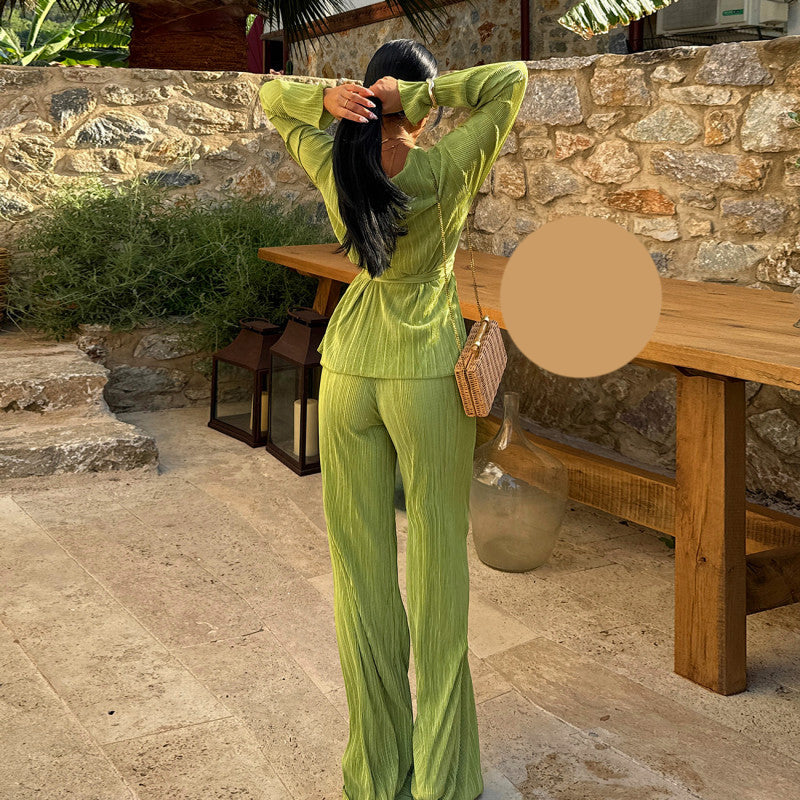 Плисиран летен комплект от блуза и панталон EO-1148