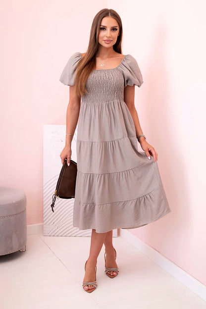 Дамска рокля от вискоза с волани и издути ръкави 1957