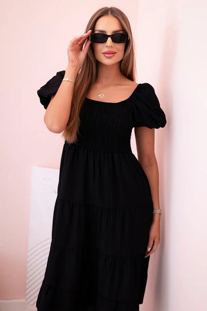 Дамска рокля от вискоза с волани и издути ръкави 1957