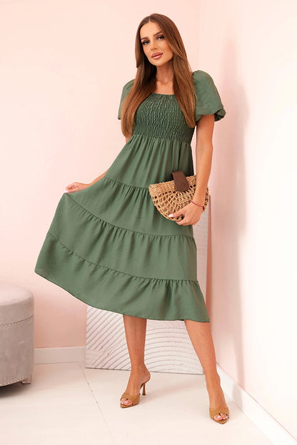 Дамска рокля от вискоза с волани и издути ръкави 1957