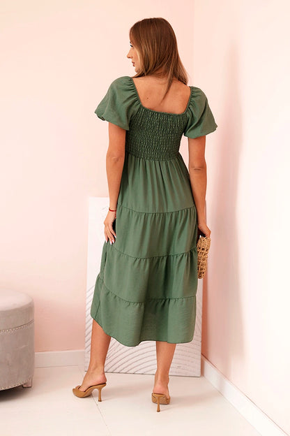 Дамска рокля от вискоза с волани и издути ръкави 1957