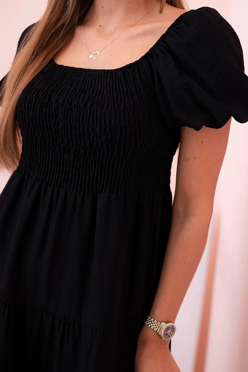 Дамска рокля от вискоза с волани и издути ръкави 1957