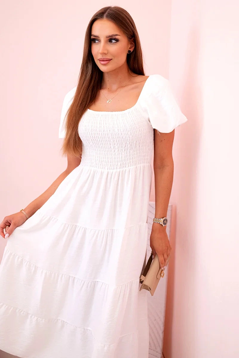 Дамска рокля от вискоза с волани и издути ръкави 1957