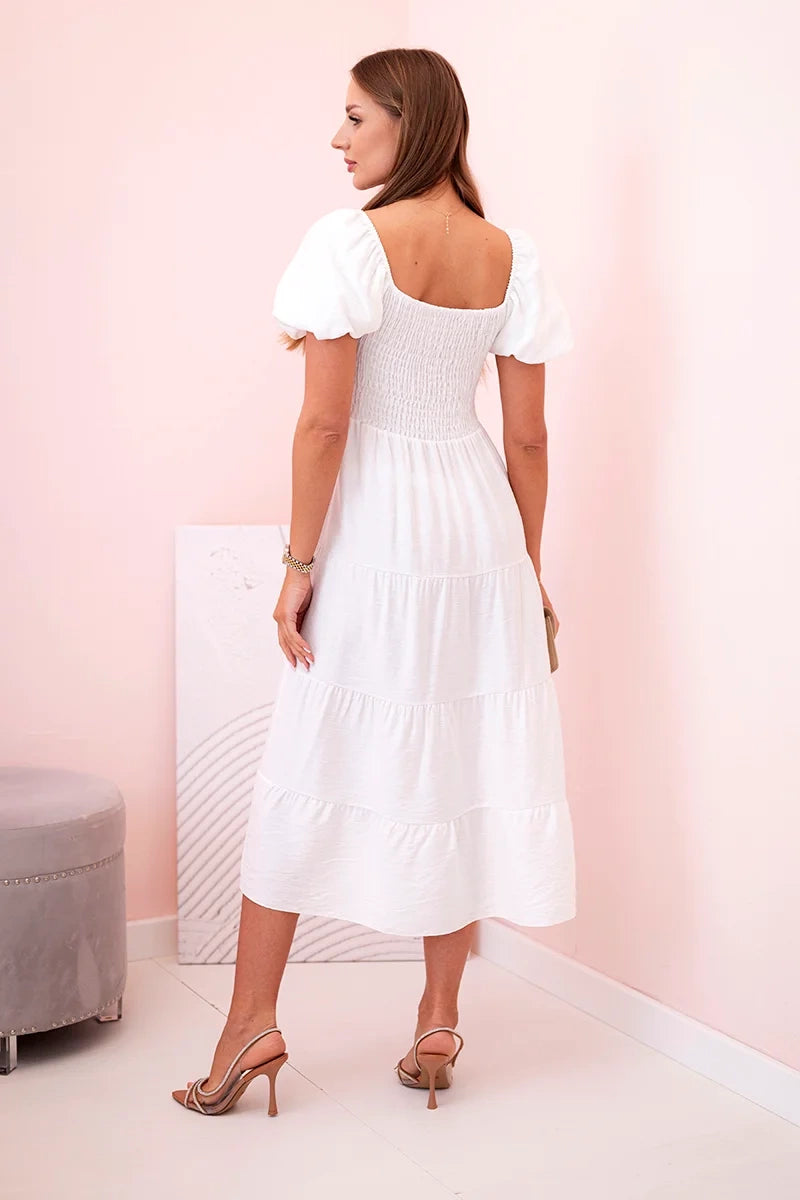 Дамска рокля от вискоза с волани и издути ръкави 1957