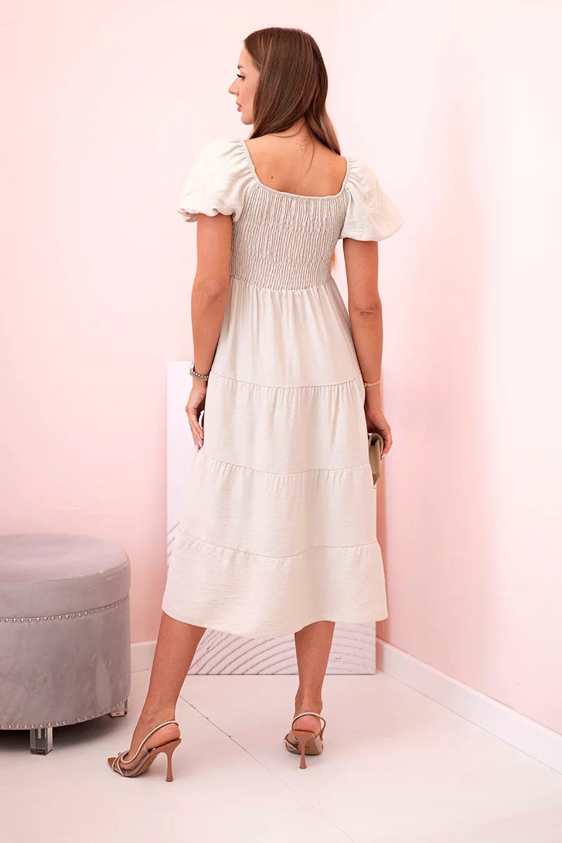 Дамска рокля от вискоза с волани и издути ръкави 1957