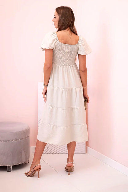 Дамска рокля от вискоза с волани и издути ръкави 1957