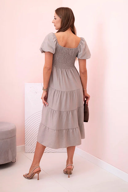 Дамска рокля от вискоза с волани и издути ръкави 1957