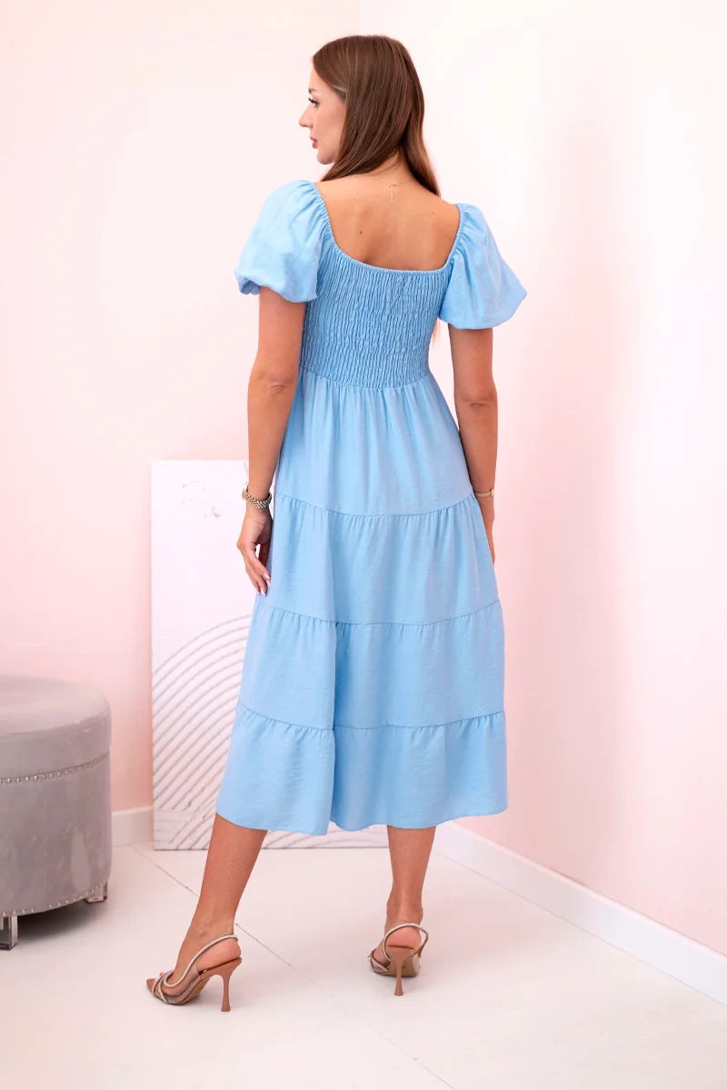 Дамска рокля от вискоза с волани и издути ръкави 1957