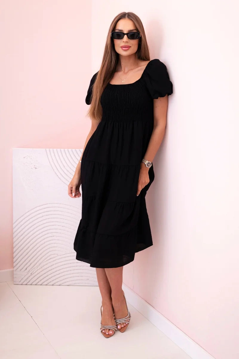 Дамска рокля от вискоза с волани и издути ръкави 1957