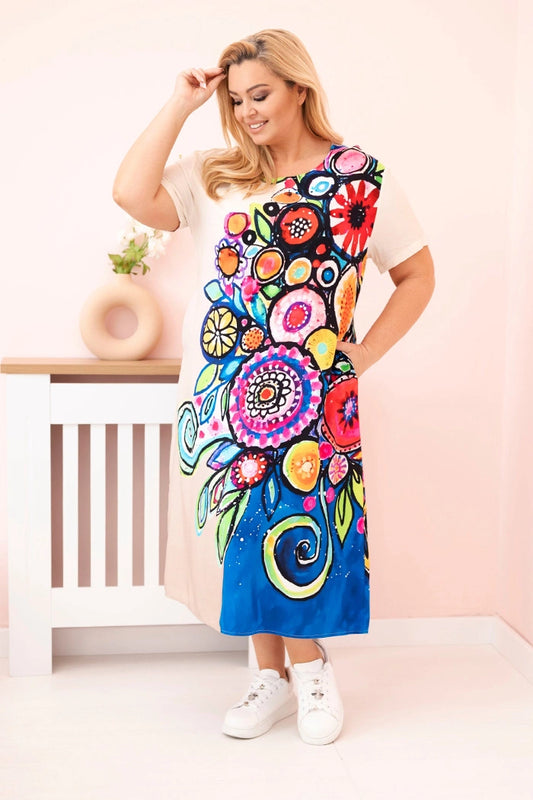 Дамска рокля Plus Size от вискоза с цветен принт 2189