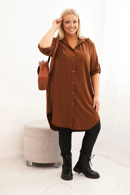 Дамска рокля-риза с големи размери, удължен гръб и навити ръкави 22356