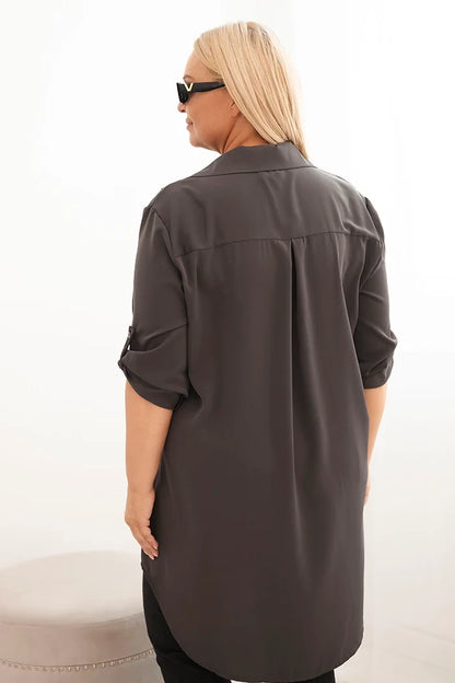 Дамска рокля-риза с големи размери, удължен гръб и навити ръкави 22356