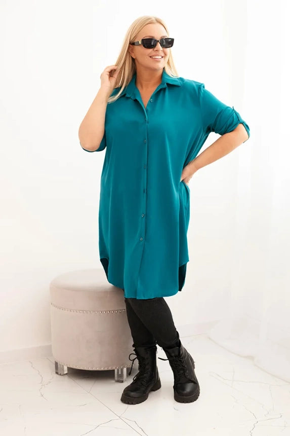 Дамска рокля-риза с големи размери, удължен гръб и навити ръкави 22356