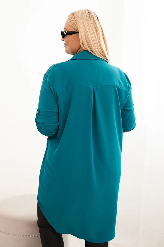 Дамска рокля-риза с големи размери, удължен гръб и навити ръкави 22356