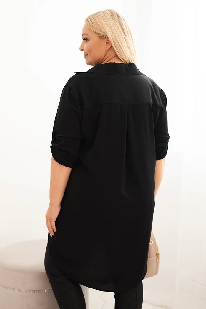 Дамска рокля-риза с големи размери, удължен гръб и навити ръкави 22356