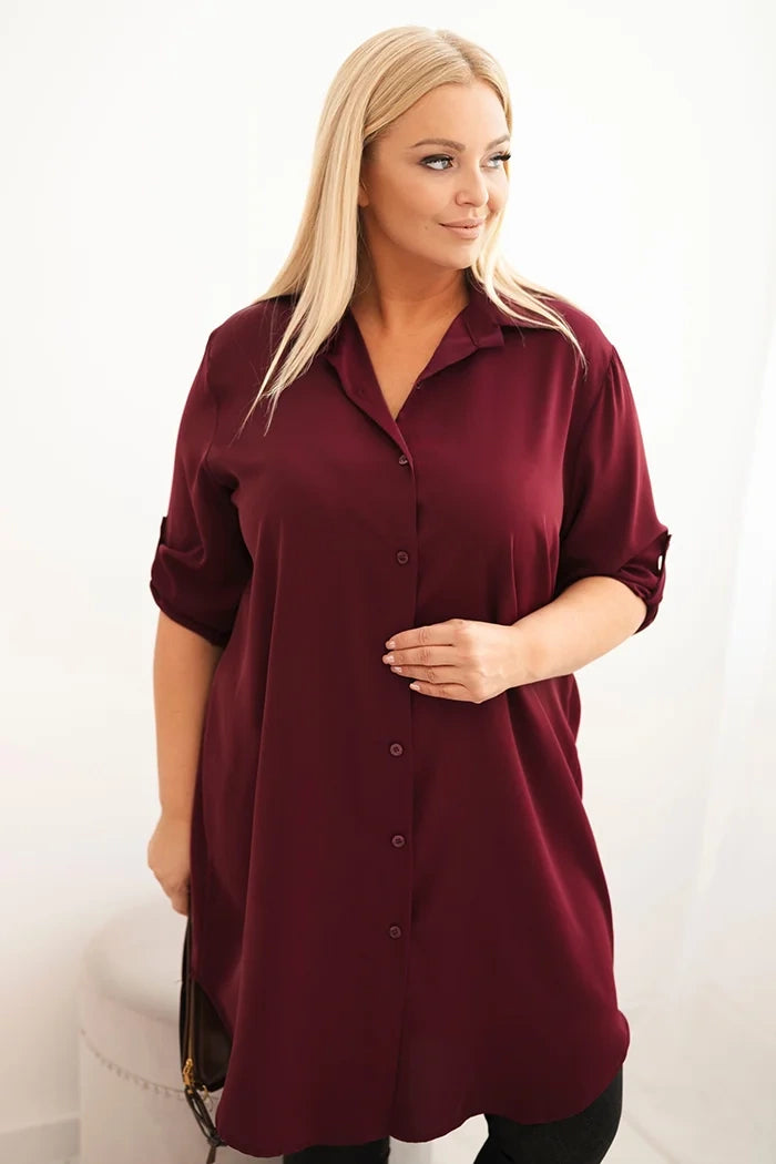 Дамска рокля-риза с големи размери, удължен гръб и навити ръкави 22356