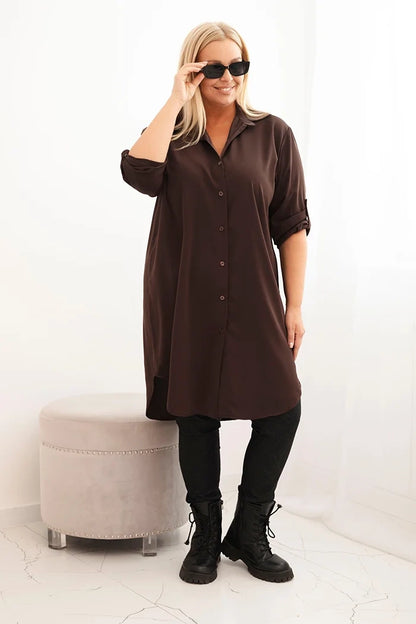 Дамска рокля-риза с големи размери, удължен гръб и навити ръкави 22356