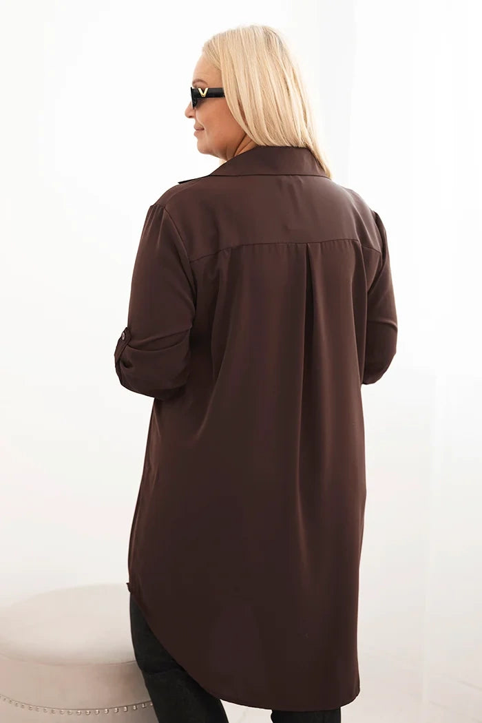 Дамска рокля-риза с големи размери, удължен гръб и навити ръкави 22356