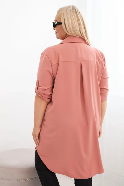 Дамска рокля-риза с големи размери, удължен гръб и навити ръкави 22356