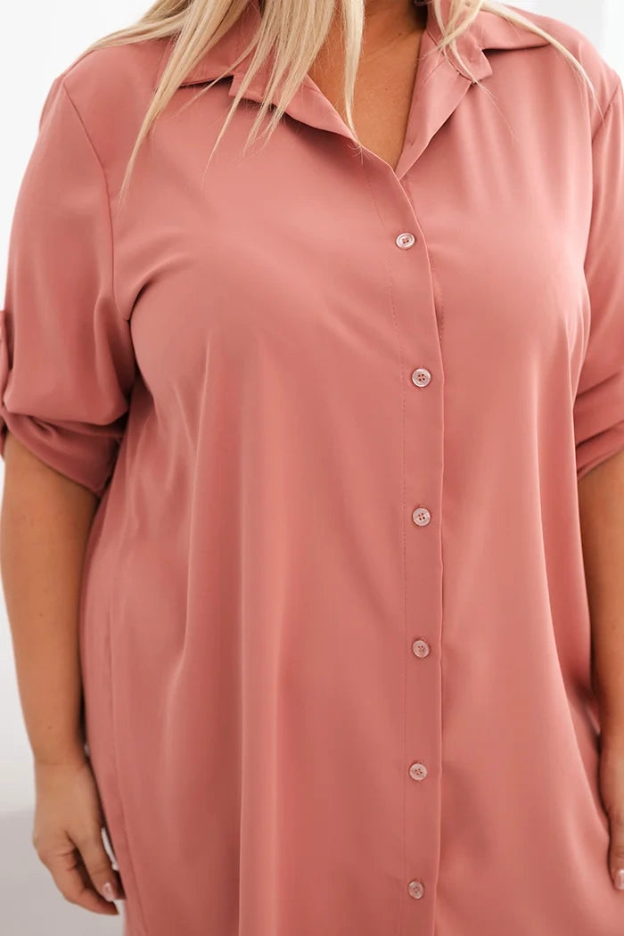 Дамска рокля-риза с големи размери, удължен гръб и навити ръкави 22356