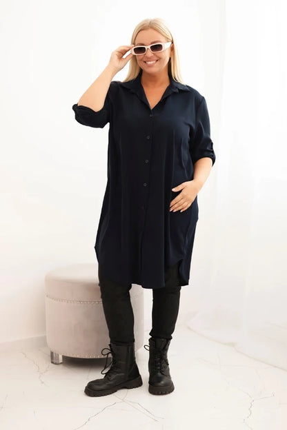 Дамска рокля-риза с големи размери, удължен гръб и навити ръкави 22356