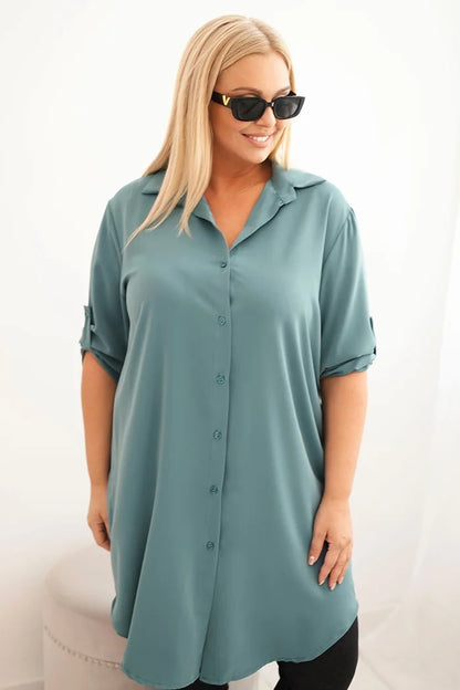 Дамска рокля-риза с големи размери, удължен гръб и навити ръкави 22356