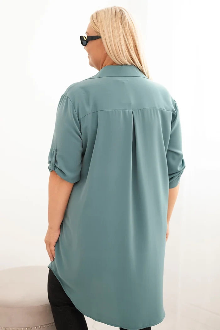 Дамска рокля-риза с големи размери, удължен гръб и навити ръкави 22356