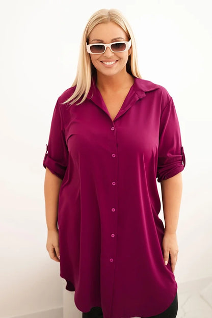 Дамска рокля-риза с големи размери, удължен гръб и навити ръкави 22356