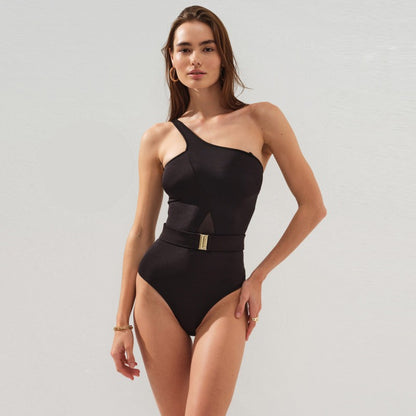 Черен цял бански с една презрамка NG-231107