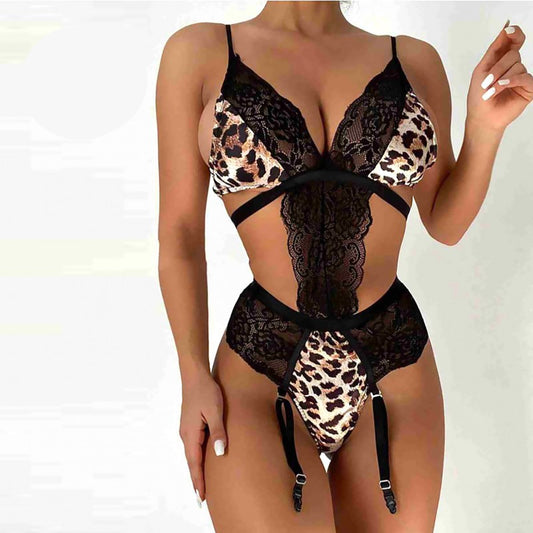 Леопардово babydoll боди с жартиери и чорапи 2673