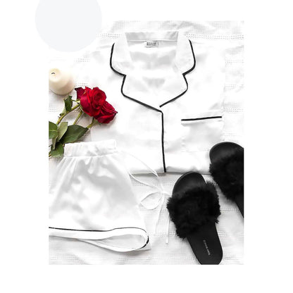 Сатененена пижама от блуза с къс ръкав и шорти MS-3242