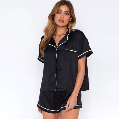 Сатененена пижама от блуза с къс ръкав и шорти MS-3242