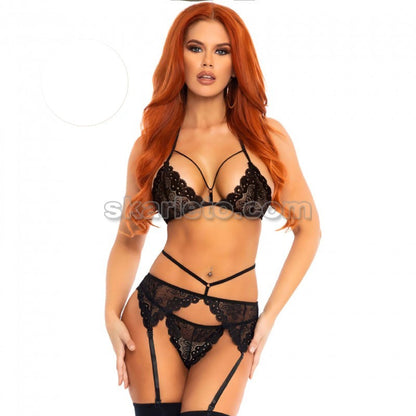 Черен дантелен бралет с прашки жартиери и чорапи 3338