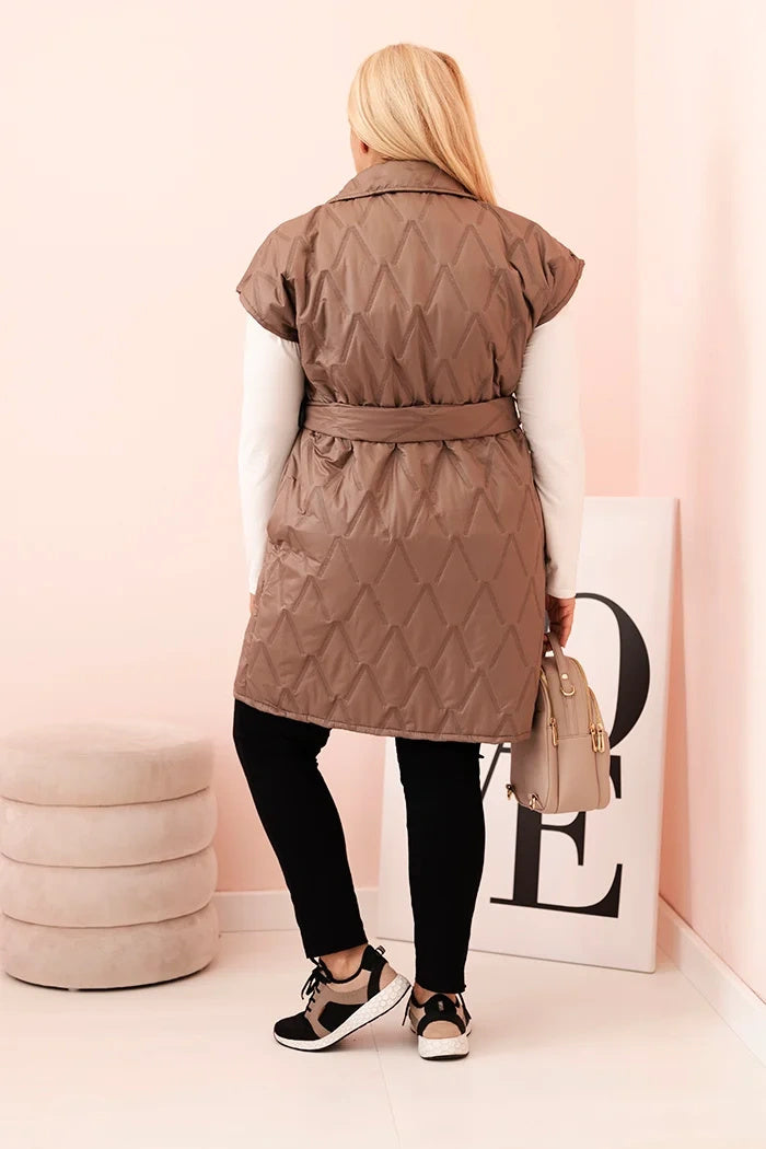 Квилтирано дамско без ръкави с колан и яка