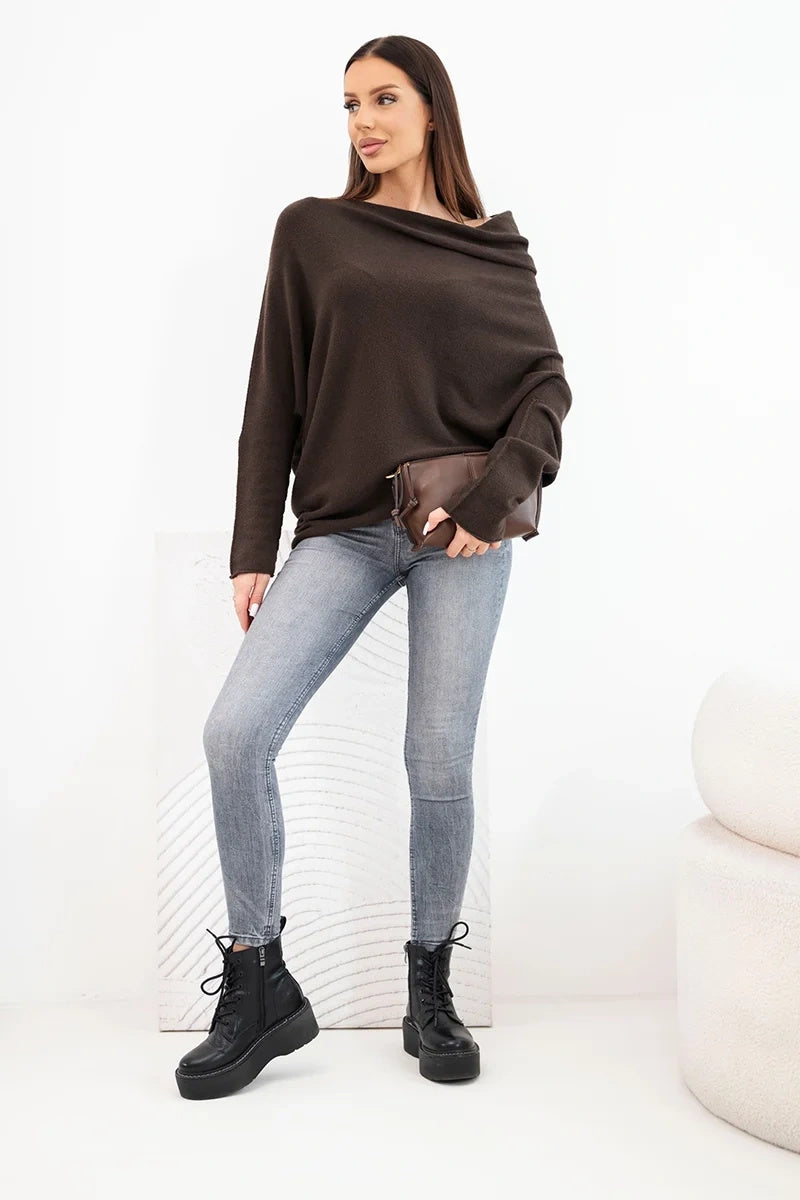 Асиметричен пуловер с прилепени ръкави и широк размер