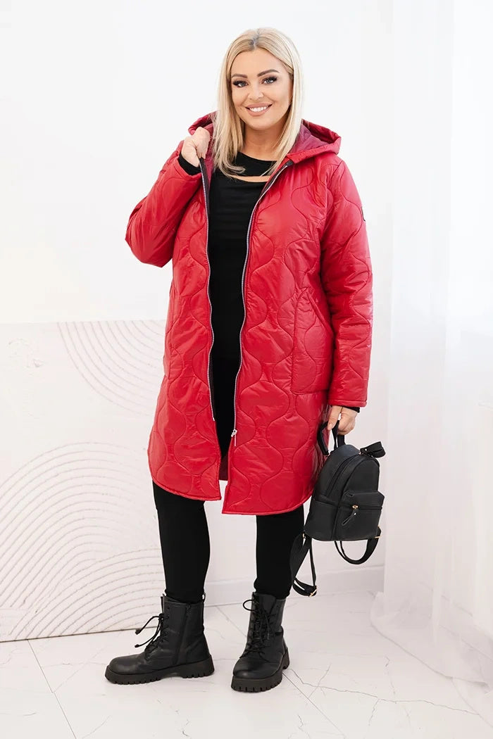Women's winter quilted Plus Size jacket with a hood red
