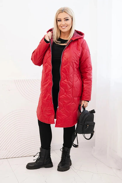 Women's winter quilted Plus Size jacket with a hood red