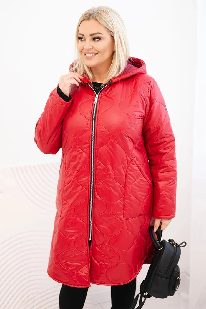 Women's winter quilted Plus Size jacket with a hood red